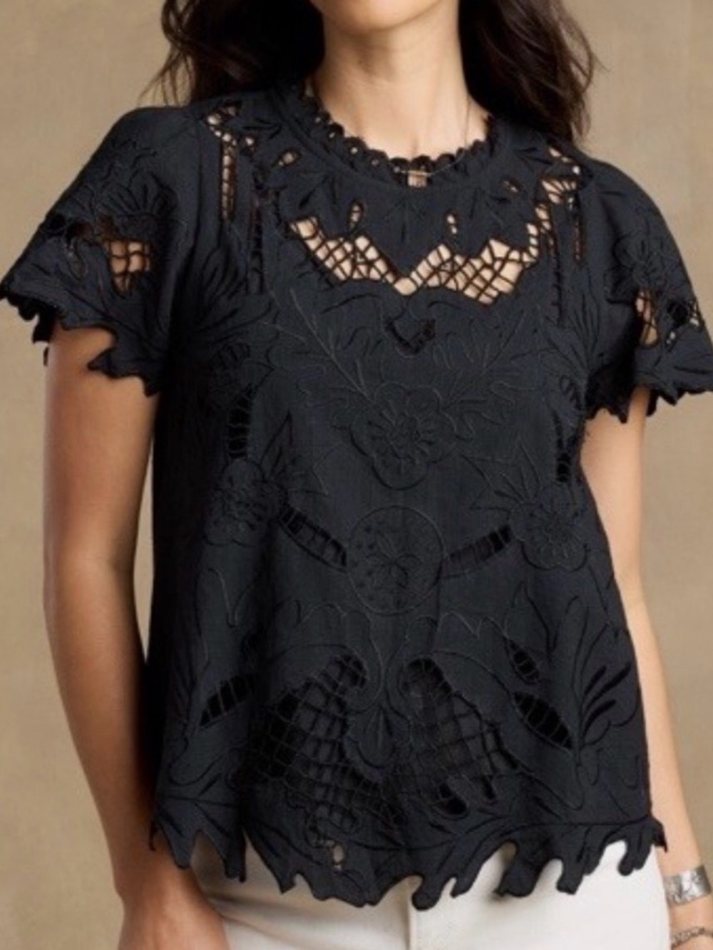 Sundance Embroidered Short Sleeve Top - Black Size S